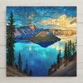 Crater Lake stained-glass-style ceramic tile featuring vivid turquoise waters and golden mountains. Perfect wall art for home decor. Optional tile wall hanger, tile stand, cork backing, and premium frame available. Permanent print on tile, not real stained glass or mosaic.