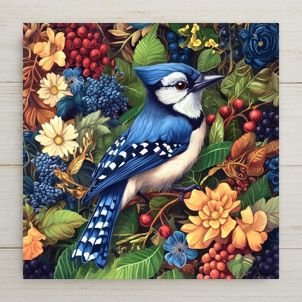 This vibrant ceramic tile features a blue jay amid woodland florals and berries in a William Morris-inspired Art Nouveau design. A striking nature accent and wall art.