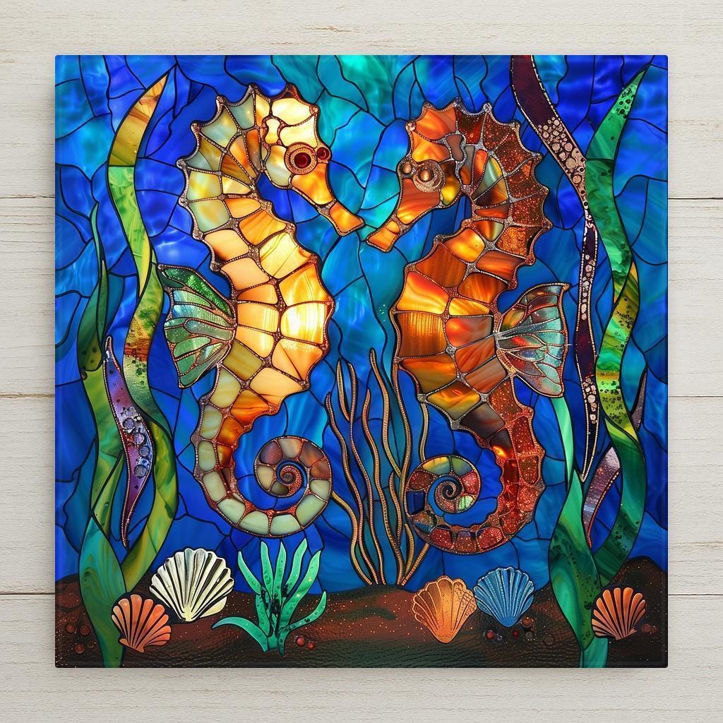 This seahorse stained glass style ceramic tile wall art glows with ocean blues, golds, and amber tones. Perfect for beach houses or nautical décor, it includes optional add-ons like a tile wall hanger, easel tile stand, or cork backing. A stunning gift for ocean lovers.