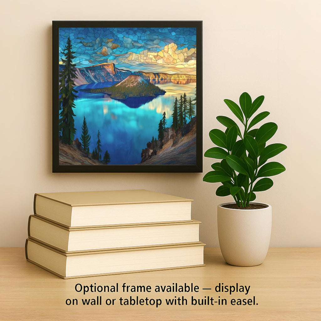 Crater Lake Ceramic Tile Art: Oregon Landscape Wall Decor, Stained Glass Style Mountain Scene