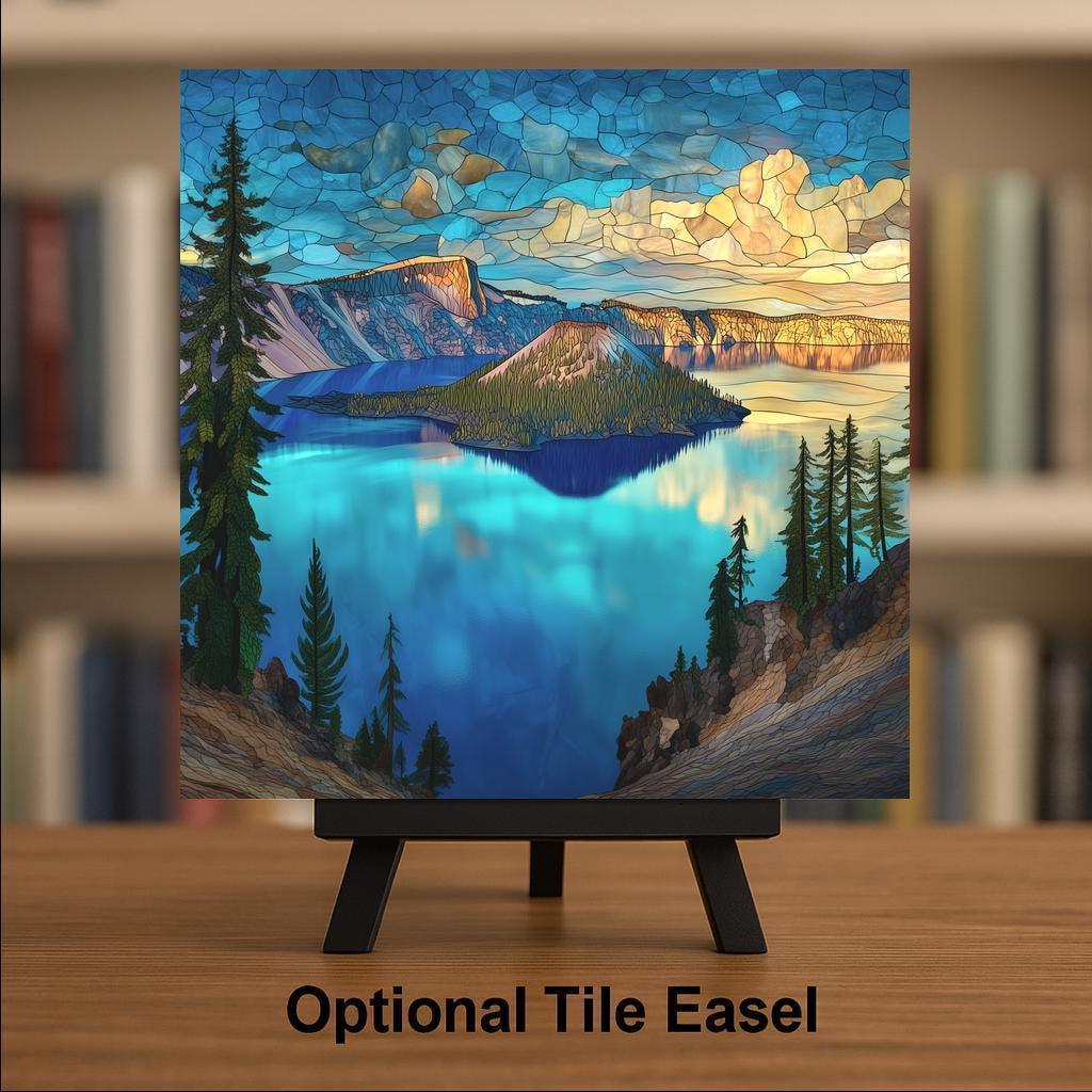 Crater Lake Ceramic Tile Art: Oregon Landscape Wall Decor, Stained Glass Style Mountain Scene