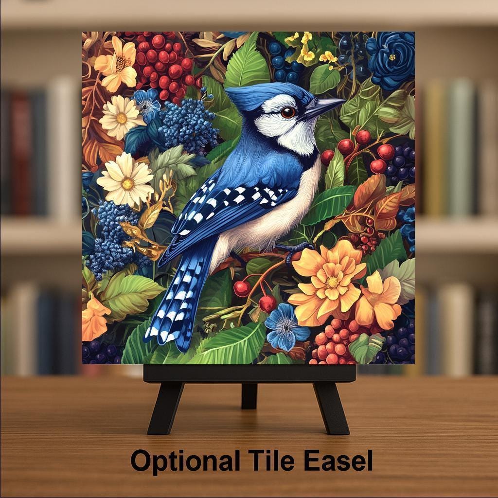 Blue Jay Wall Art Ceramic Tile Art Nouveau Gift William Morris Cottagecore Bird Decor Birdwatcher Nature Art