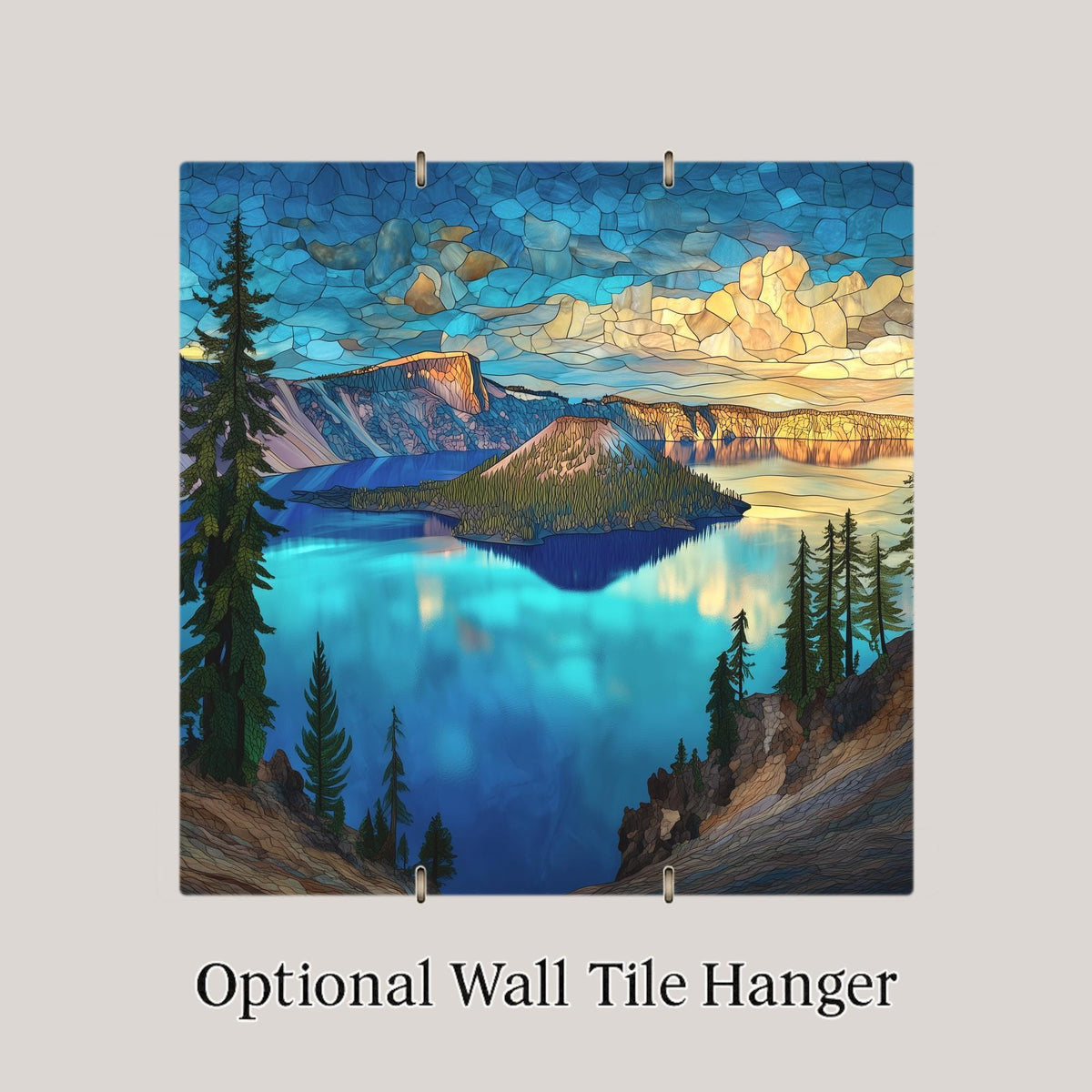 Crater Lake Ceramic Tile Art: Oregon Landscape Wall Decor, Stained Glass Style Mountain Scene