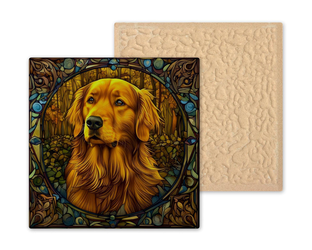 Golden Retriever Memorial Stained Glass Style Ceramic Art Tile – Dog Remembrance Rainbow Bridge Wall Decor, Pet Loss Keepsake