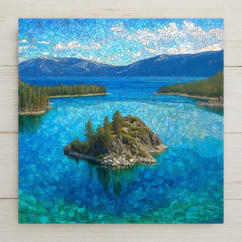 Emerald Bay ceramic tile wall art featuring the iconic island surrounded by clear turquoise water at Lake Tahoe, California, shown in a stained glass style mosaic. Square alpine lake tile artwork suitable for wall or tabletop display with optional wall hanger, easel stand, cork backing, or premium frame.