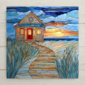 Stained glass sunset beach cottage tile for coastal wall art, beach house gift, ocean home decor, nautical art, or cottagecore ceramic tile display.