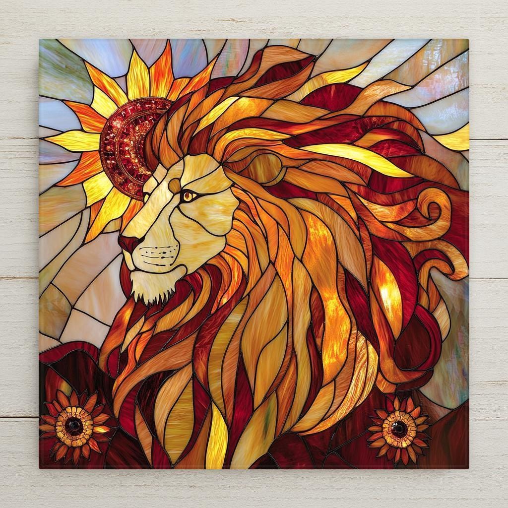 Stained glass style ceramic art tile of a majestic golden lion with a fiery mane crowned by a radiant sun, Leo zodiac astrology wall decor in warm gold amber and red tones.