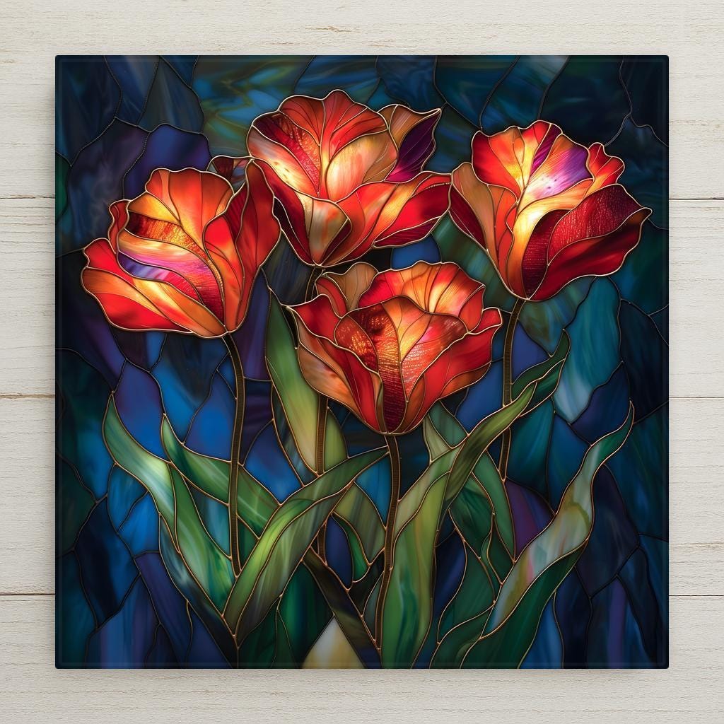 Four red and orange tulips glowing in stained glass style against a deep jewel-tone blue background, ceramic tile wall art.
