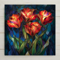 Four red and orange tulips glowing in stained glass style against a deep jewel-tone blue background, ceramic tile wall art.