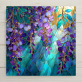Stained glass-style wisteria floral tile art in shades of purple and teal. Printed on ceramic tile (not glass or painted). Elegant nature-inspired wall decor. Optional wall hanger, easel stand, or cork backing available for easy display.