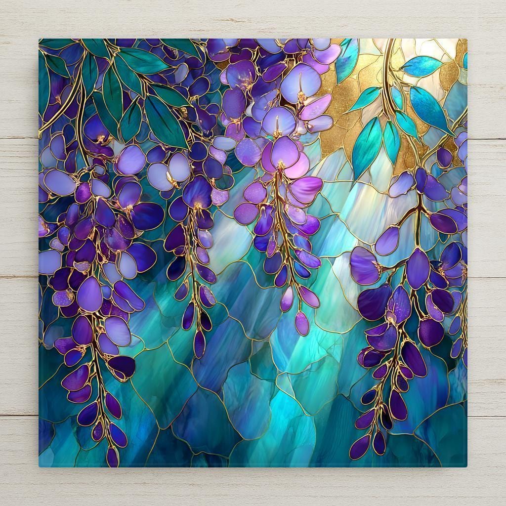 Stained glass-style wisteria floral tile art in shades of purple and teal. Printed on ceramic tile (not glass or painted). Elegant nature-inspired wall decor. Optional wall hanger, easel stand, or cork backing available for easy display.