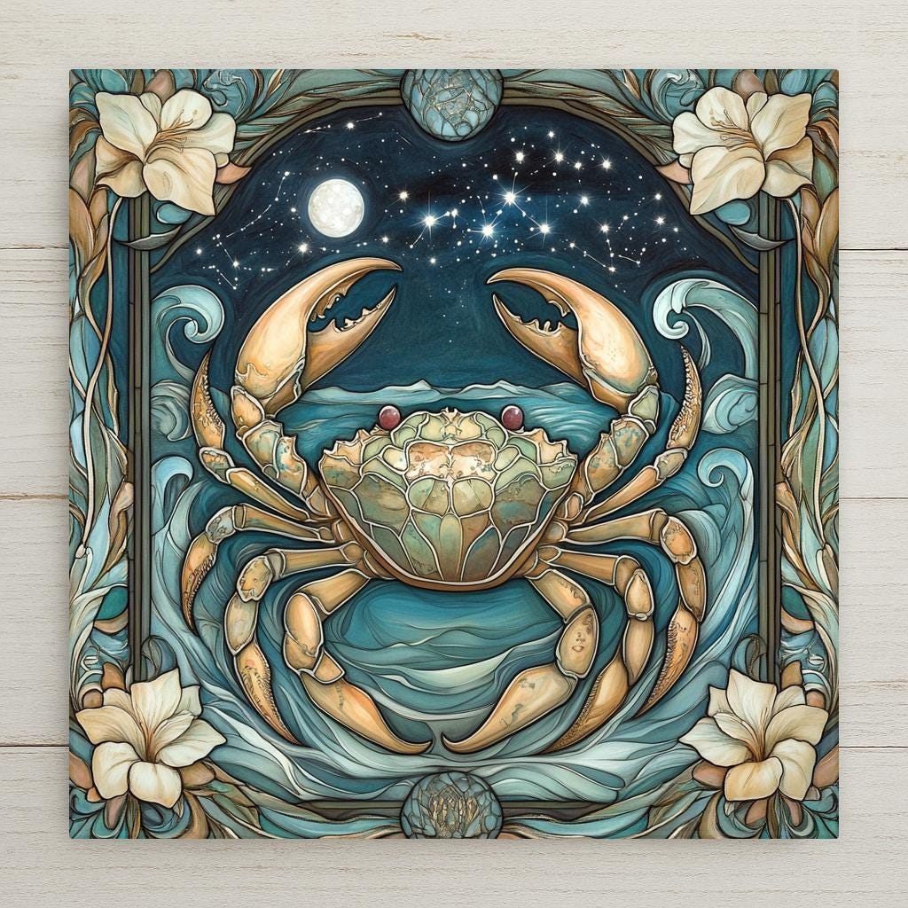Cancer zodiac tile with celestial crab, ocean waves, and moonlit sky. Stained glass art on ceramic—perfect gift for June or July birthdays.