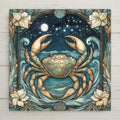 Cancer zodiac tile with celestial crab, ocean waves, and moonlit sky. Stained glass art on ceramic—perfect gift for June or July birthdays.