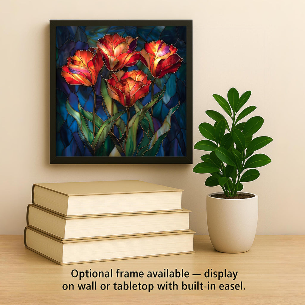 Red Tulip Wall Art Ceramic Tile Stained Glass Style Floral Decor Bold Orange Botanical Home Gift Tile