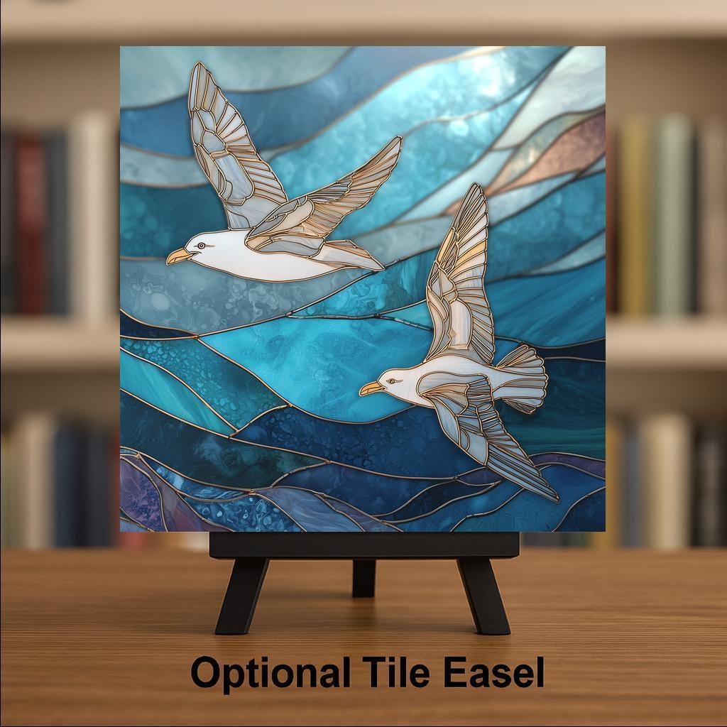Seagulls Ocean Waves Ceramic Tile Wall Art – Stained Glass Style Coastal Wall Decor, Nautical Home Decor, Beach Cottage Ocean Artwork Tile
