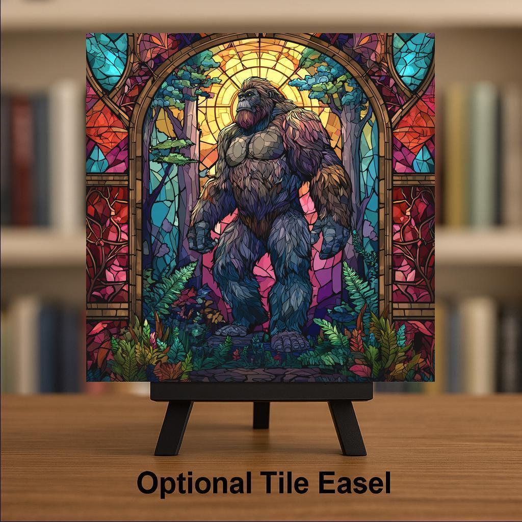 Bigfoot Wall Art Ceramic Tile Stained Glass Style Sasquatch Cathedral Window Decor Colorful Woodland Nature Art