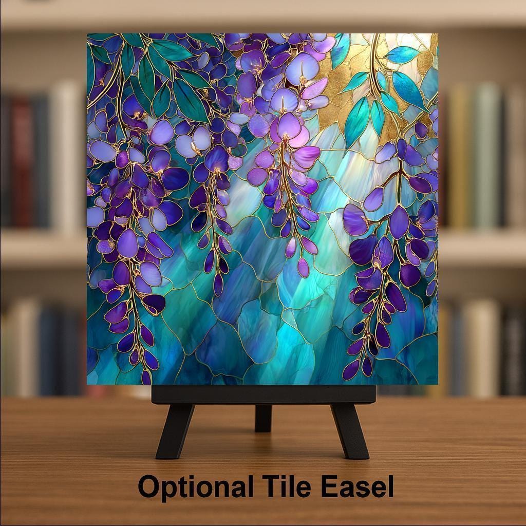 Wisteria Wall Art Ceramic Tile Stained Glass Style William Morris Gift Floral Decor Purple Botanical Nature Art