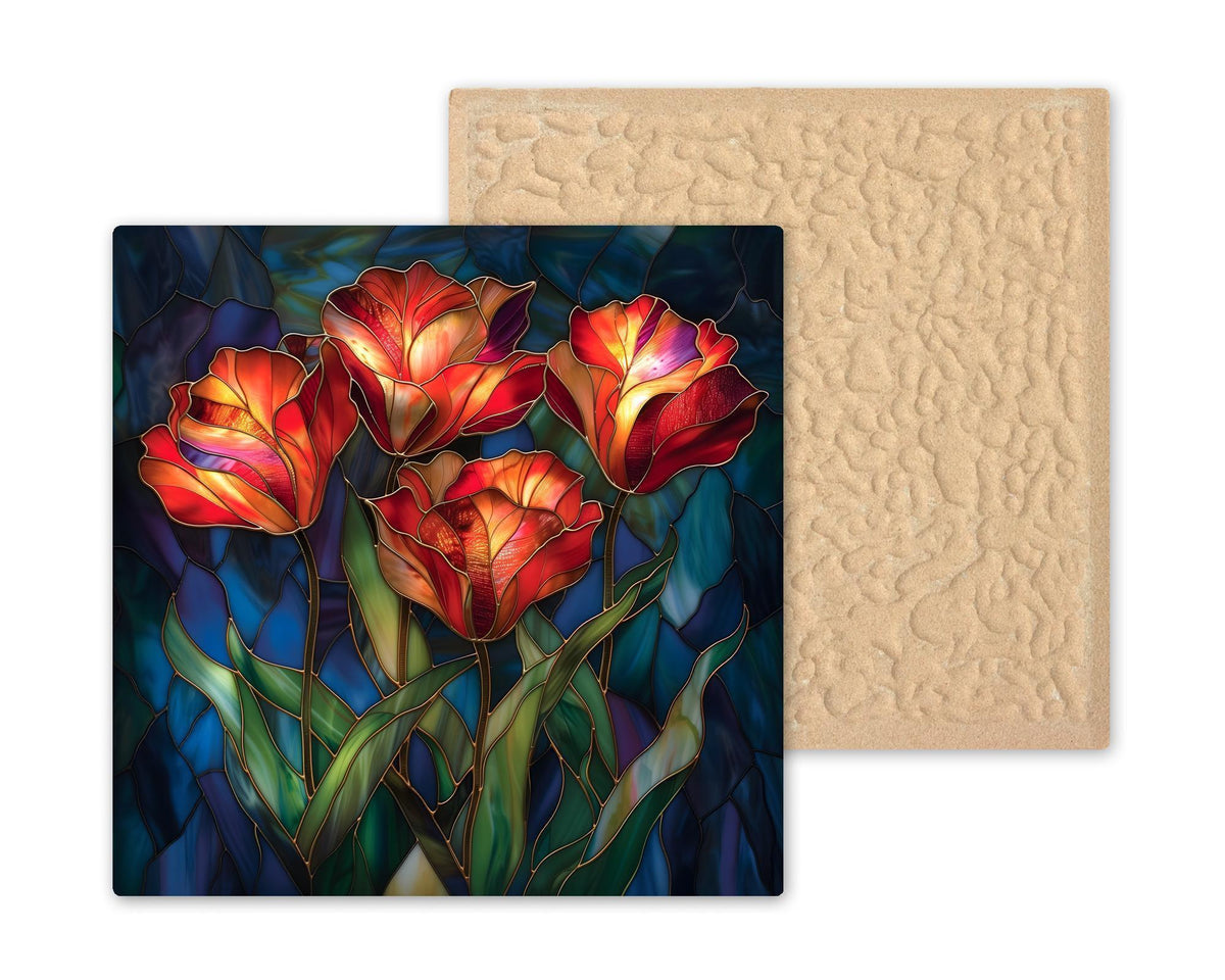 Red Tulip Wall Art Ceramic Tile Stained Glass Style Floral Decor Bold Orange Botanical Home Gift Tile