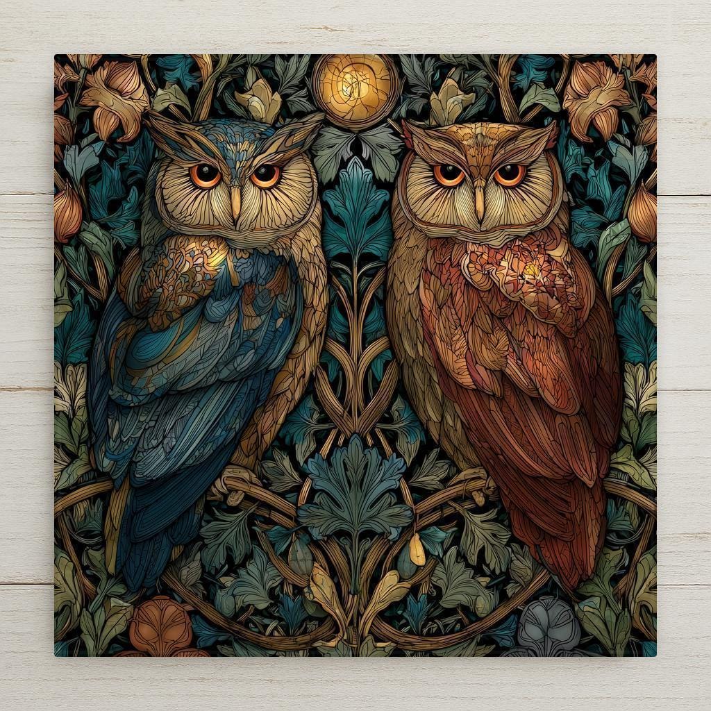 This owl stained glass style ceramic tile wall art glows with earthy amber, teal, and bronze tones under a moonlit forest backdrop. Perfect for woodland décor or as a gift, it includes optional add-ons like a tile wall hanger, easel tile stand, or cork backing.