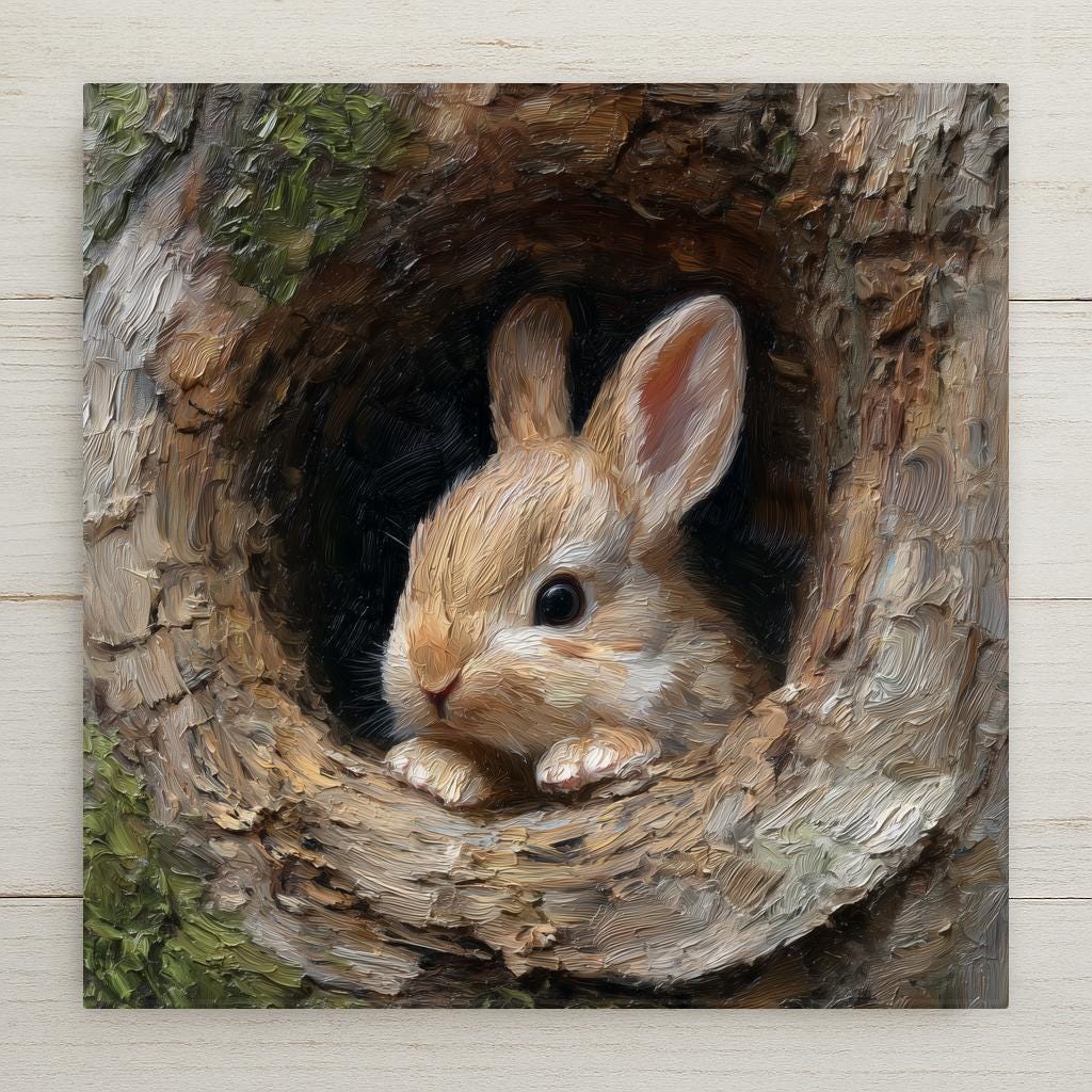 Adorable baby bunny ceramic tile with soft woodland colors and cozy rustic charm. Perfect for nursery décor, cabin décor, or nature-themed rooms. Optional tile wall hanger, easel stand, cork backing, and premium dual-use frame available for easy display.
