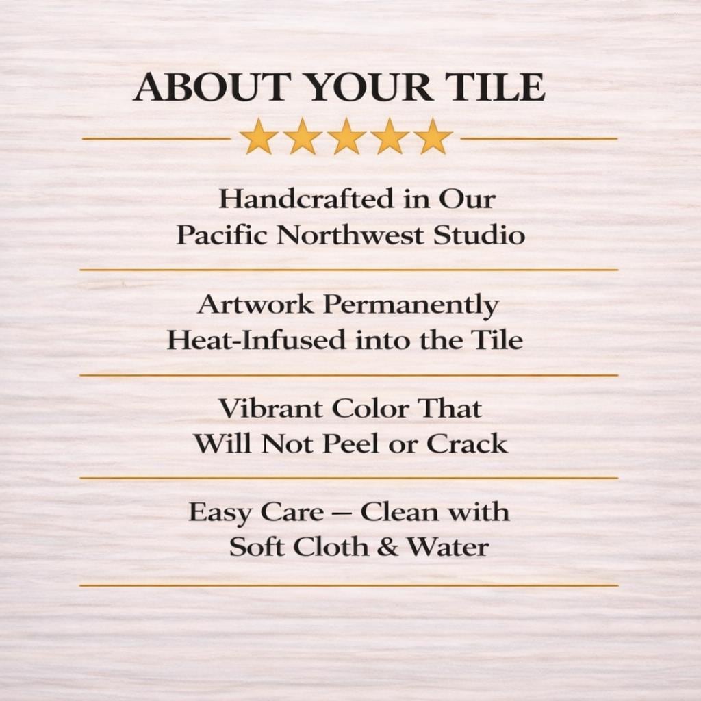 The image is a text-based description of a tile, highlighting its features such as being handmade in a studio, permanently heat-infused into the tile, having a vibrant color that won't peel or crack, and being easy to care for with soft cloth and water.