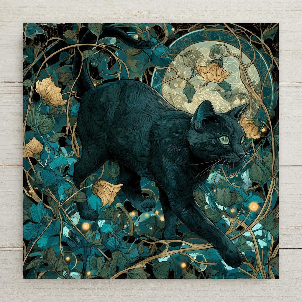 Black cat moon wall art ceramic tile with glowing flowers and stained glass effect. A mystical gothic home decor accent for cat lovers and enchanted homes. Optional tile wall hanger, easel tile stand, or cork backing available.