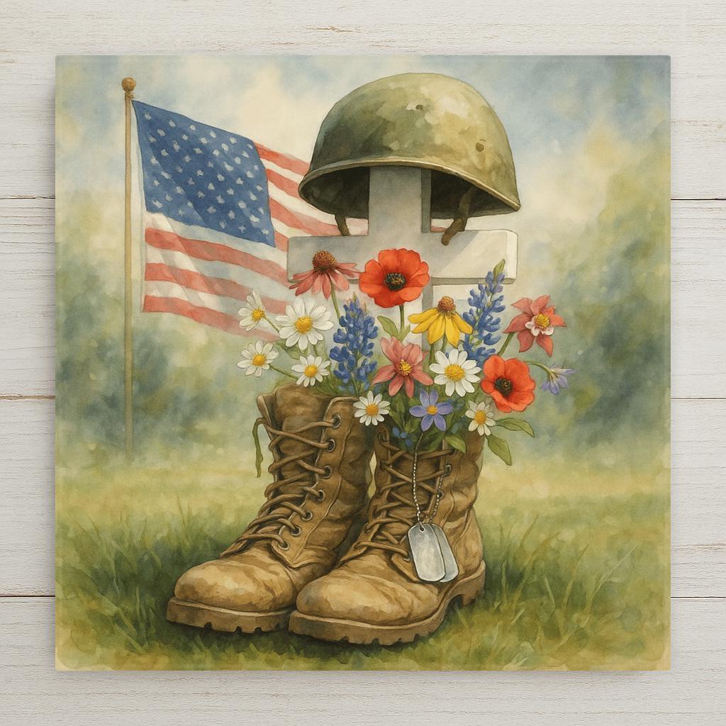This watercolor ceramic tile pays tribute to fallen heroes with combat boots, a white cross, dog tags, and an American flag surrounded by wildflowers. It’s a touching patriotic piece and a meaningful wall art gift for Veterans Day, Memorial Day, or military remembrance.