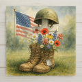 This watercolor ceramic tile pays tribute to fallen heroes with combat boots, a white cross, dog tags, and an American flag surrounded by wildflowers. It’s a touching patriotic piece and a meaningful wall art gift for Veterans Day, Memorial Day, or military remembrance.