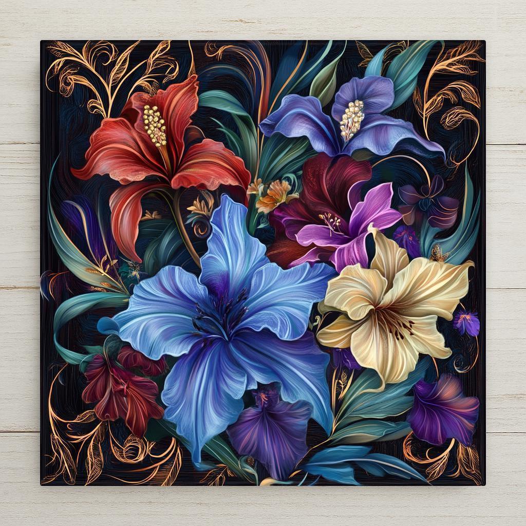 Fantasy floral ceramic tile in Art Nouveau style. Jewel-toned lilies and gold vines against a dark background create elegant botanical wall decor. Glossy ceramic finish enhances vivid color. A striking gift or accent for nature lovers and flower art fans.