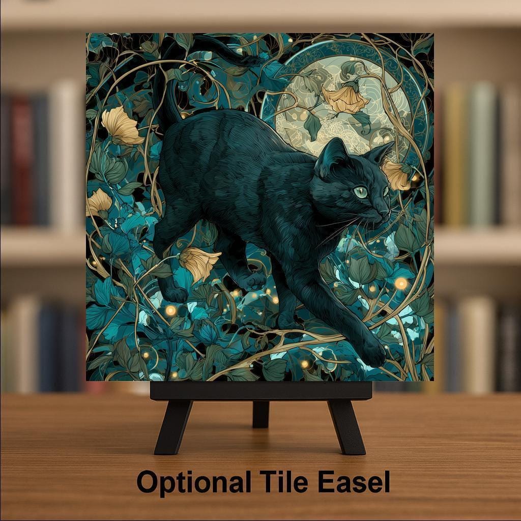 Mystical Black Cat Wall Art Ceramic Tile Gothic Gift Moon Night Decor Witchy Cat Art Cat Lover Gift Tile