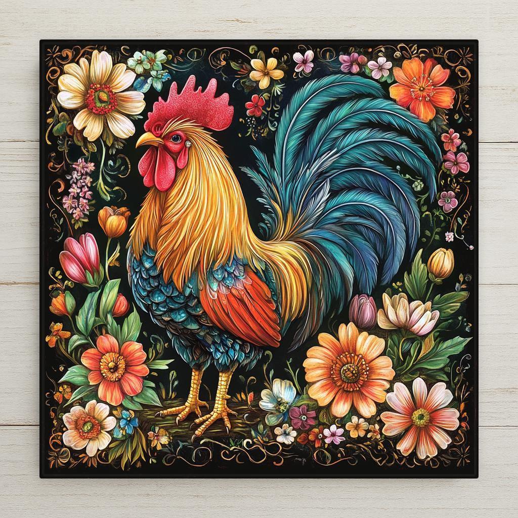 This rooster tile wall art brings bold country flair to your kitchen or wall decor gallery. With a highly detailed, colorful rooster at the center and a rich floral border, this ceramic tile captures the spirit of farm life with an artisan touch for your home decor. Perfect for farmhouse decor, rustic kitchens, or collector displays.