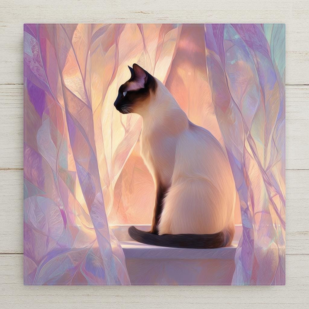 Pastel Siamese cat ceramic tile wall art showing a seal point Siamese in profile on a windowsill among translucent lavender and peach drapery in soft luminous light, serene bedroom decor and cat memorial tile