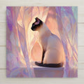 Pastel Siamese cat ceramic tile wall art showing a seal point Siamese in profile on a windowsill among translucent lavender and peach drapery in soft luminous light, serene bedroom decor and cat memorial tile