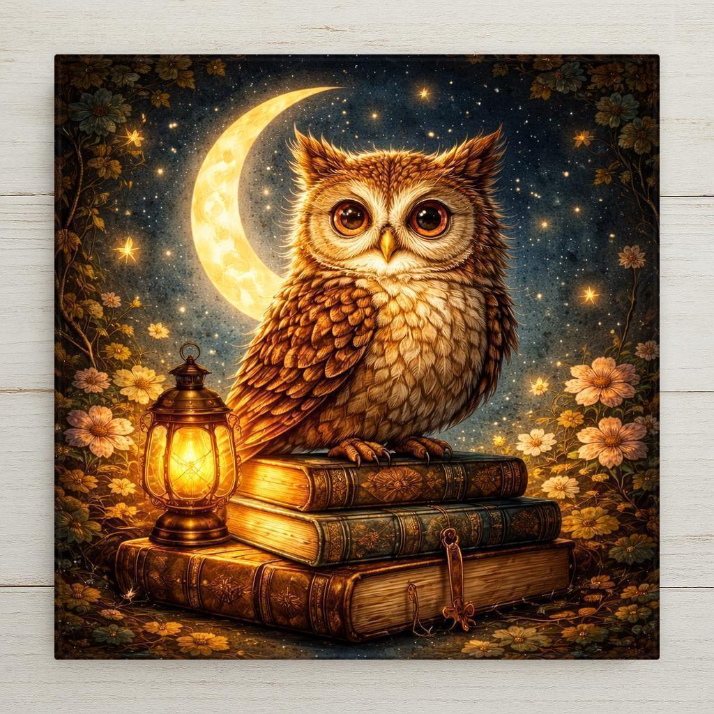 Owl ceramic tile wall art featuring a stained glass-style owl perched on antique books beside a glowing lantern under a crescent moon. Warm golden tones, flowers, and stars create cozy fantasy decor. Printed on ceramic tile with fine detail. Designed for shelf or wall display with optional tile wall hanger, easel tile stand, cork backing, or premium frame.