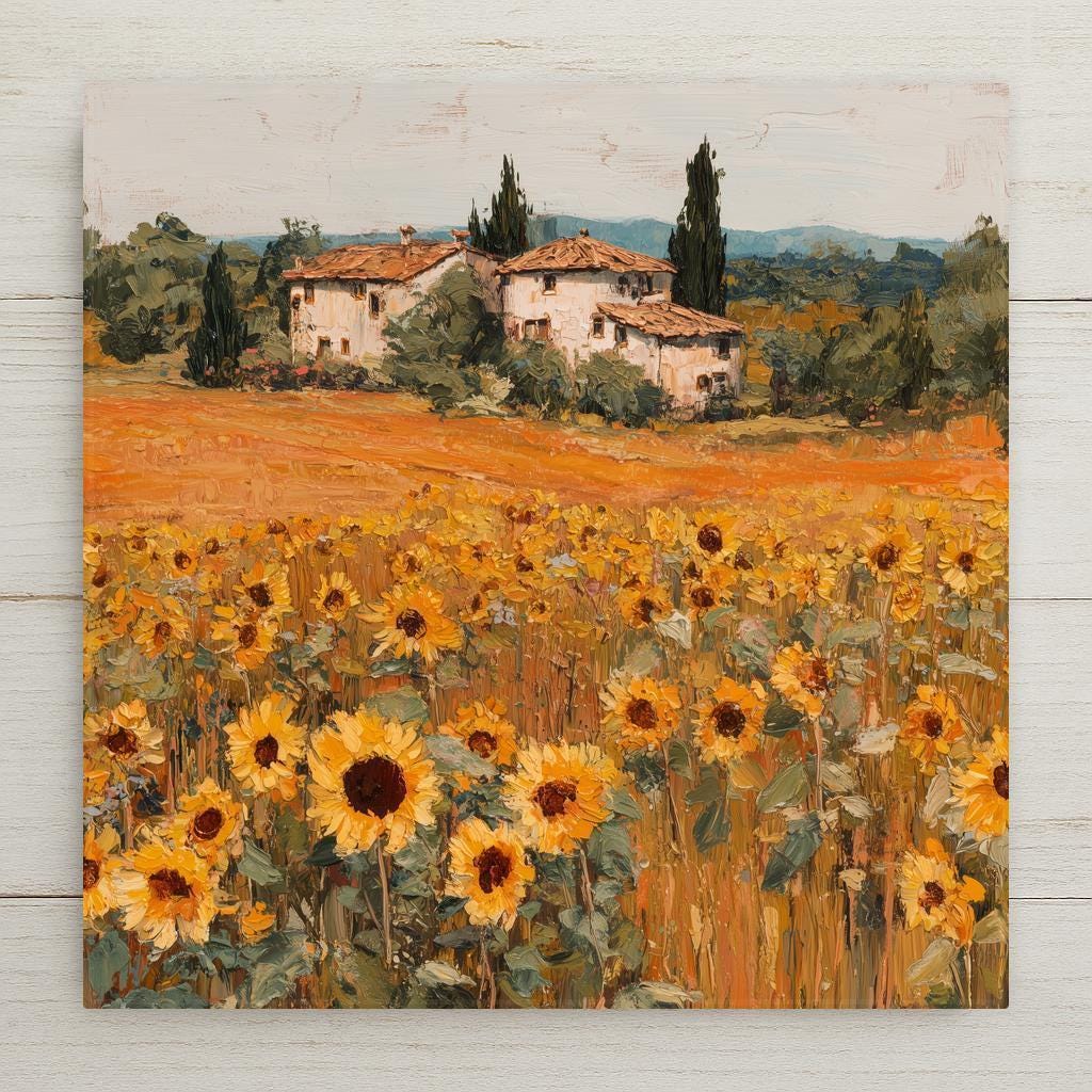 Ceramic tile art of a sunflower field in yellow and orange tones. Rustic farmhouse in background. Optional hanger, cork backing, or stand.