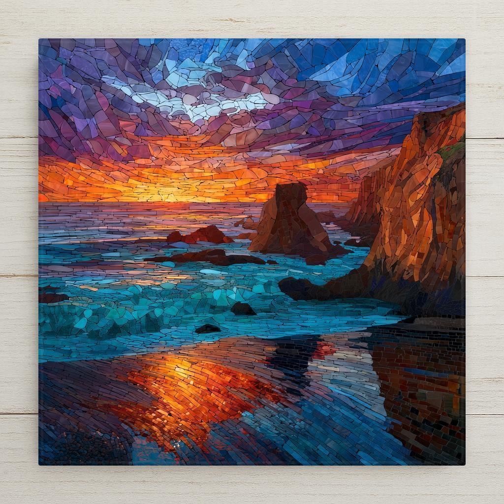 Capture Big Sur’s golden sunset in this stained glass-style ceramic tile. Vivid jewel tones and ocean reflections create a radiant focal point for any space. Optional display choices include a premium frame, wall hanger, easel stand, or cork backing. Perfect as a California coastal art gift or elegant home décor accent.