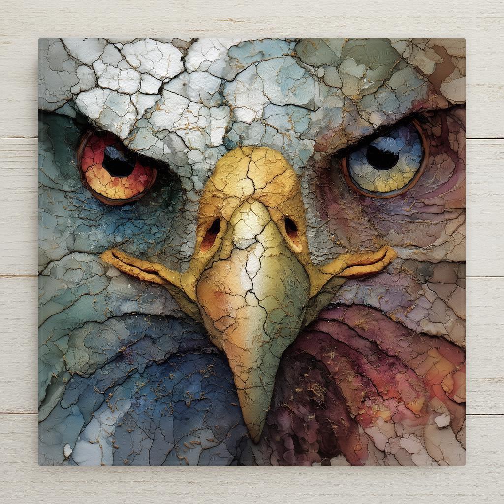Close-up bald eagle ceramic tile with crackled texture effect and intense yellow eyes in rustic American style.