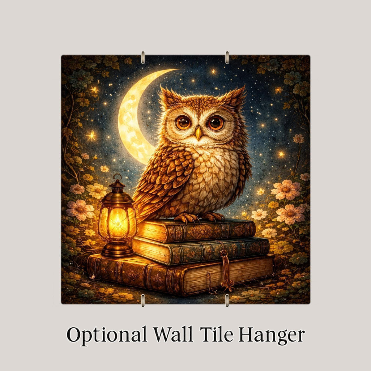 Owl Ceramic Tile Wall Art – Stained Glass Style Moonlit Wildlife Decor, Owl Lover Gift, Nature Fantasy Wall Art