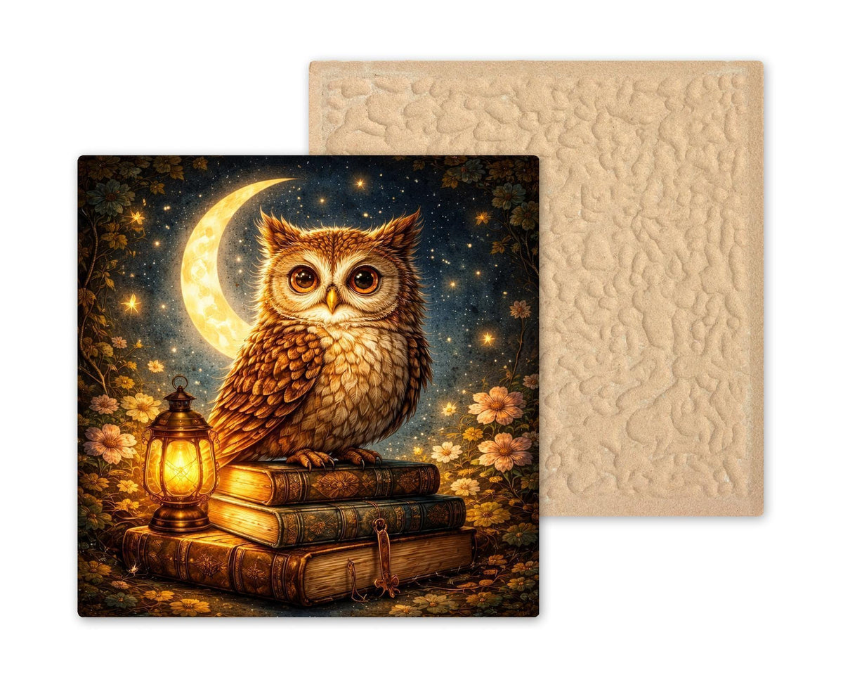 Owl Ceramic Tile Wall Art – Stained Glass Style Moonlit Wildlife Decor, Owl Lover Gift, Nature Fantasy Wall Art