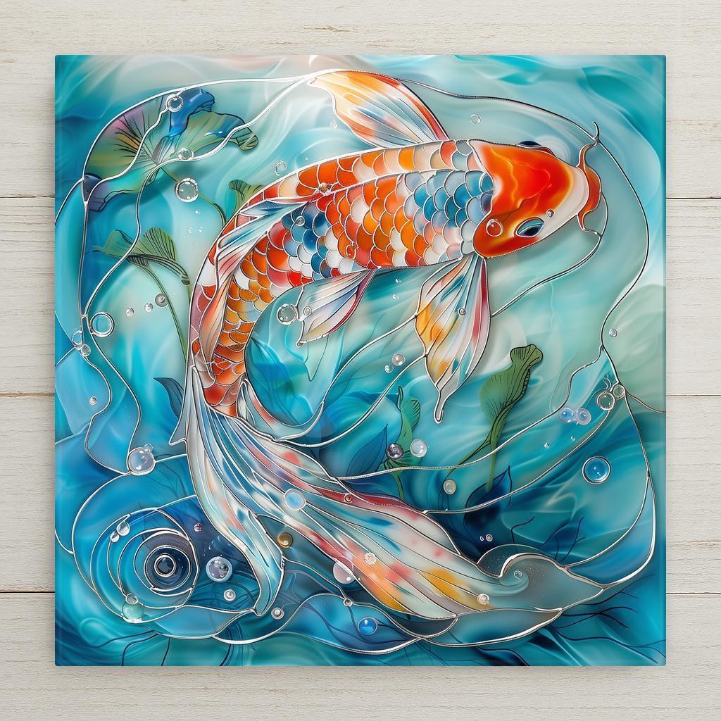 koi fish ceramic tile,koi mosaic tile,asian art wall tile,aquatic home decor,japanese koi design,serene fish wall tile,colorful art tile,nature inspired tile,zen bathroom decor,decorative koi tile,fish mosaic decor,koi pond wall tile,handmade fish art