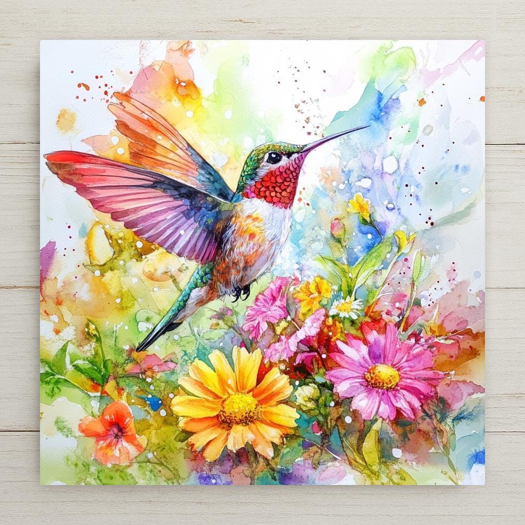 This Hummingbird Ceramic Tile Art captures the grace of a hummingbird in flight amid a burst of vibrant flowers. Inspired by watercolor and figurative art styles, it's a stunning accent for your home or a meaningful gift for bird and garden lovers. Use it to decorate your wall, add character to a coffee table, or brighten up your sunroom or patio
