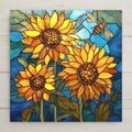 A bright stained-glass style sunflower ceramic tile featuring three glowing blooms and a honeybee. Perfect for kitchen decor, floral wall art, and nature-themed rooms. Makes a cheerful gift for sunflower lovers. Optional tile wall hanger, easel tile stand, and cork backing available.