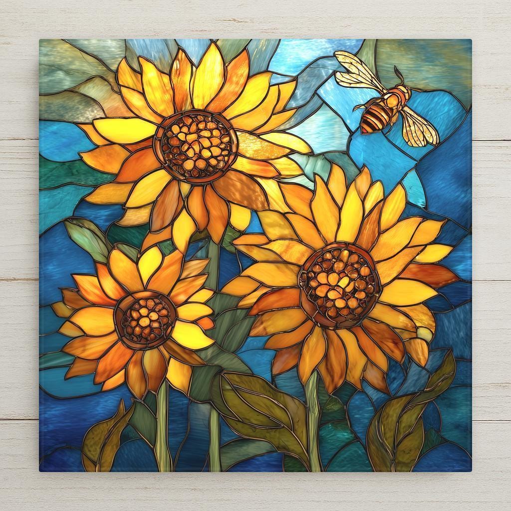 A bright stained-glass style sunflower ceramic tile featuring three glowing blooms and a honeybee. Perfect for kitchen decor, floral wall art, and nature-themed rooms. Makes a cheerful gift for sunflower lovers. Optional tile wall hanger, easel tile stand, and cork backing available.