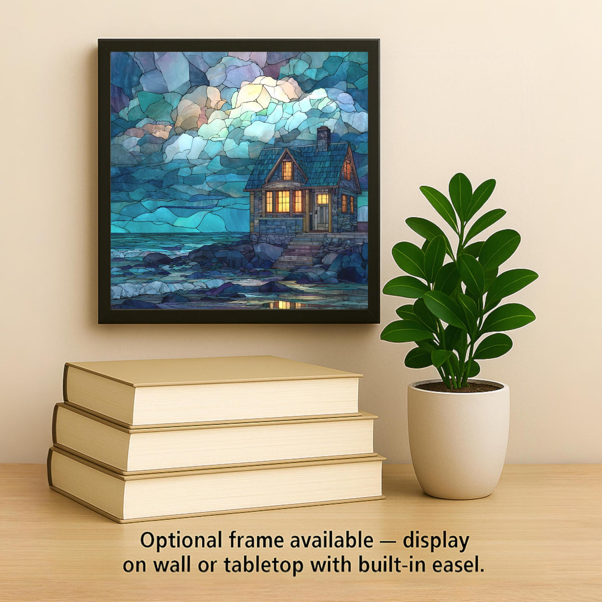 Coastal Cottage Ceramic Art Tile – Stained Glass Style Beach House Wall Decor, Cozy Seaside Comfort Gift