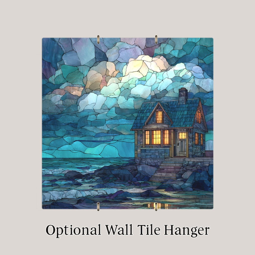 Coastal Cottage Ceramic Art Tile – Stained Glass Style Beach House Wall Decor, Cozy Seaside Comfort Gift