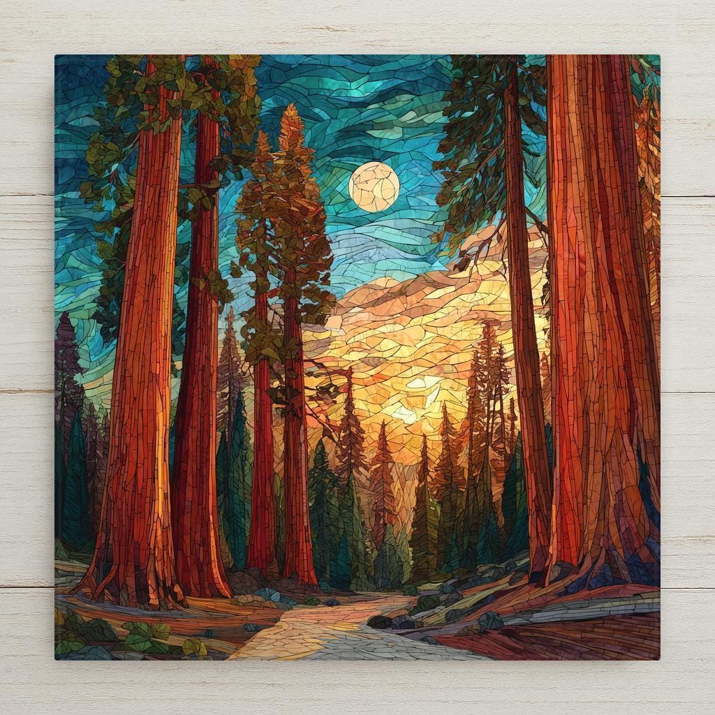 Sequoia National Park ceramic tile wall art featuring towering giant sequoia trees, warm mountain light, and a moonlit forest path. Inspired by California’s iconic redwood forests, this stained-glass-style design adds depth and atmosphere to nature-themed home decor. Flat ceramic tile with optional wall hanger, tile stand, cork backing, or premium frame for wall or tabletop display.