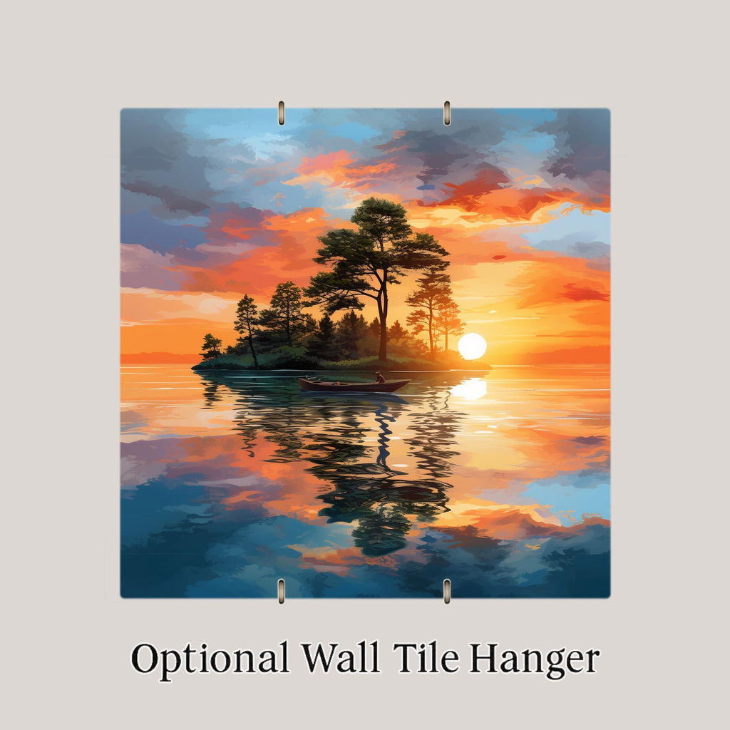 Island Lake Sunset Wall Art Ceramic Tile Cabin Gift Fisherman Decor Watercolor Nature Art Outdoorsman Gift Tile