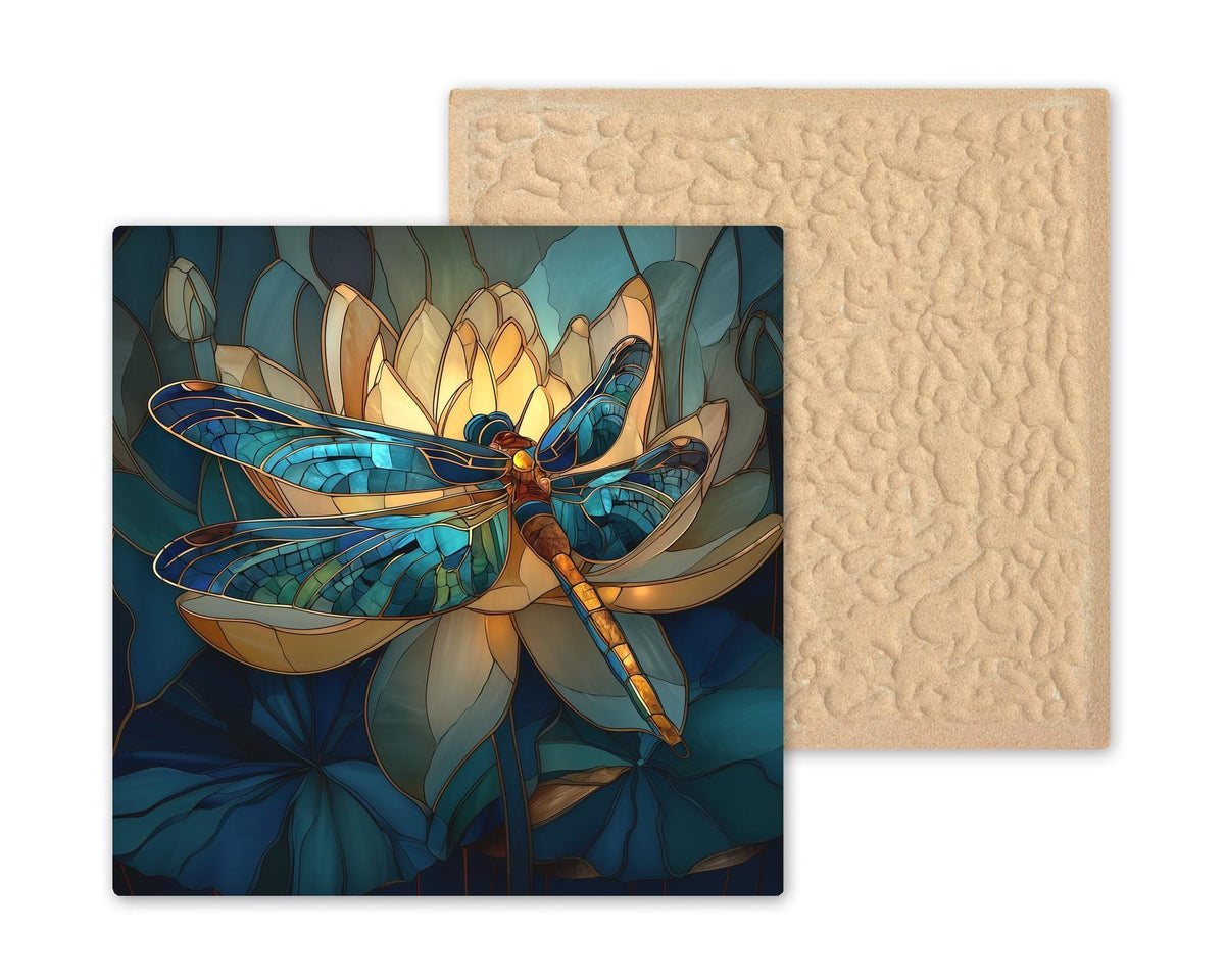 Dragonfly Wall Art Ceramic Tile – Stained Glass Style Lotus Decor – Teal Botanical Wall Decor – Nature Home Art