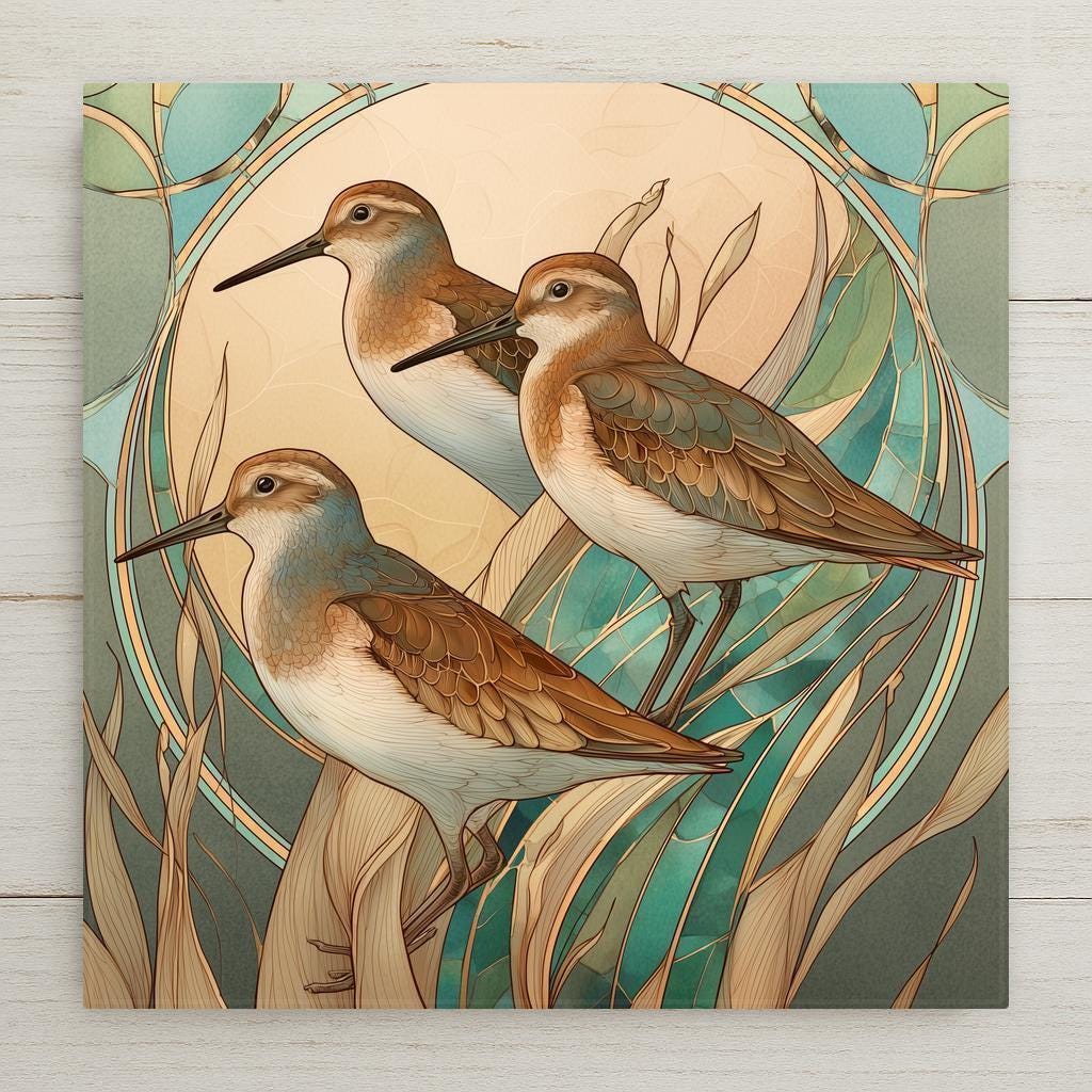 Stained glass style sandpiper trio ceramic tile with three shorebirds standing together on a rocky coastal shoreline, luminous teal and cobalt ocean waves behind them, warm gold light on their feathers, a vivid coastal wildlife and beach lover art gift.