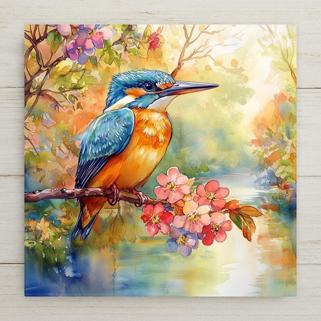 Stained glass style kingfisher ceramic tile with a vivid electric blue and amber kingfisher perched above deep cobalt and teal still water, warm gold dappled light, a vivid bird lover and wildlife nature gift.